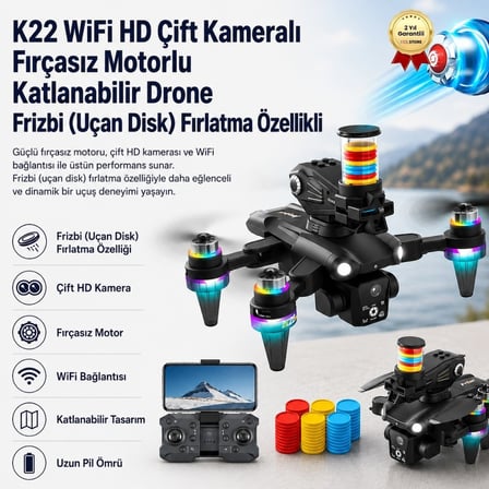 K22 WiFi HD Çift Kameralı Fırçasız Motorlu Katlanabilir Drone Frizbi (Uçan Disk) Fırlatma Özellikli