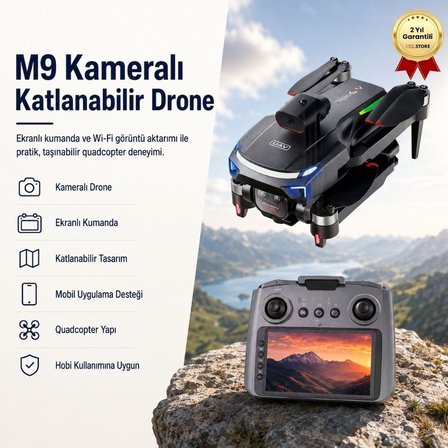 M9 Kameralı Katlanabilir Drone, Ekranlı Kumanda, Wi-Fi Görüntü Aktarımı ve Taşınabilir Quadcopter Drone