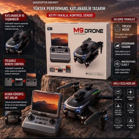 M9 Kameralı Katlanabilir Drone, Ekranlı Kumanda, Wi-Fi Görüntü Aktarımı ve Taşınabilir Quadcopter Drone