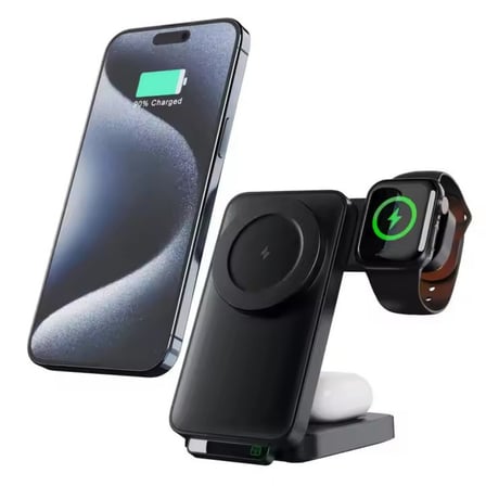 HzlStore 15W 3'ü 1 Arada Katlanabilir Manyetik Kablosuz Şarj Cihazı Siyah