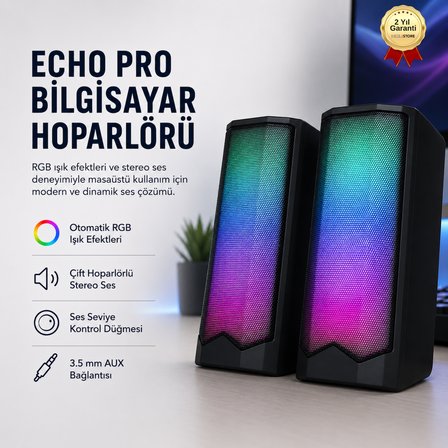 HzlStore Echo Pro Bilgisayar Hoparlörü 2.0 Stereo RGB Işıklı Siyah