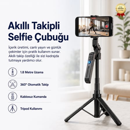 Akıllı Takipli Selfie Çubuğu 1.8 Metre 360° Döner Kumandalı Telefon Tripodu