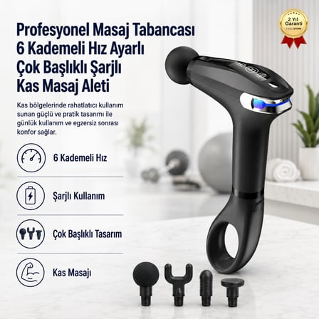 Profesyonel Masaj Tabancası 6 Kademeli Hız Ayarlı Çok Başlıklı Şarjlı Kas Masaj Aleti