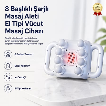8 Başlıklı Şarjlı Masaj Aleti El Tipi Vücut Masaj Cihazı Günlük Rahatlama İçin Hafif ve Pratik