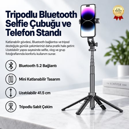 ripodlu Selfie Çubuğu Bluetooth Kumandalı Telefon Standı