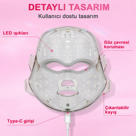 7 Renk LED Işıklı Yüz Bakım Maskesi 400 mAh Şarjlı Cilt Bakım Cihazı