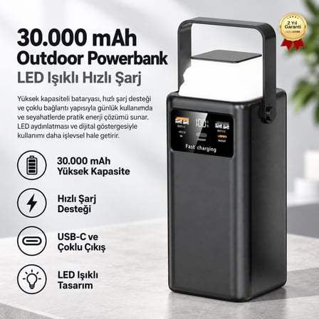 Powerbank  Yüksek Kapasiteli 30.000 mAh USB-C LED Işıklı  Outdoor Taşınabilir Şarj Cihazı