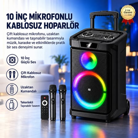 10 İnç Mikrofonlu Kablosuz Hoparlör Kumandalı Taşınabilir Ses Sistemi
