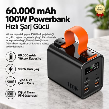 Powerbank 60.000 mAh 100W Hızlı Şarj Type-C Dijital Ekranlı Taşınabilir Güç Kaynağı