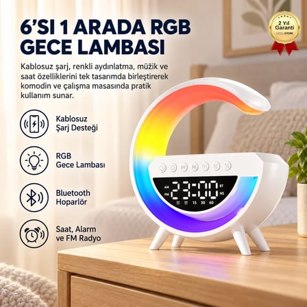 6'sı 1 Arada Kablosuz Şarjlı RGB Gece Lambası Bluetooth Hoparlör ve Alarm Saat