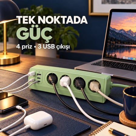 4 Prizli 35W Hızlı Şarjlı Akım Korumalı Çoklu Priz | 2 USB-C, 1 USB-A
