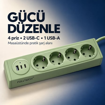 4 Prizli 35W Hızlı Şarjlı Akım Korumalı Çoklu Priz | 2 USB-C, 1 USB-A