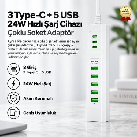 Priz 3 Type-C + 5 USB Girişli 24W Hızlı Şarj Cihazı Çoklu Soket Akım Korumalı Adaptör