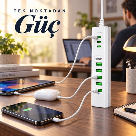 Priz 3 Type-C + 5 USB Girişli 24W Hızlı Şarj Cihazı Çoklu Soket Akım Korumalı Adaptör