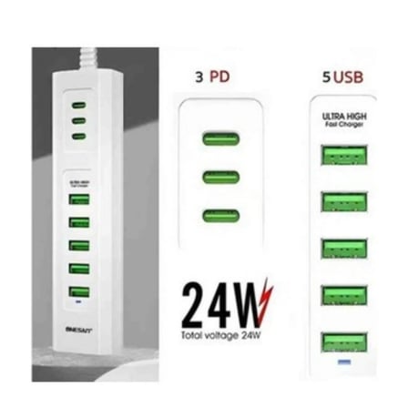 Priz 3 Type-C + 5 USB Girişli 24W Hızlı Şarj Cihazı Çoklu Soket Akım Korumalı Adaptör