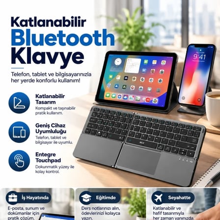 Katlanabilir Bluetooth Klavye Touchpadli  Tablet, Telefon ve Bilgisayar Uyumlu,64 Tuşlu Klavye