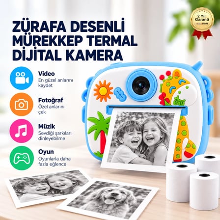 Anında Baskılı Çocuk Fotoğraf Makinesi ,5 Fonksiyonlu, Video Özellikli Zürafa Desenli Kamera