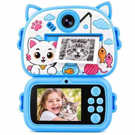Anında Baskılı Çocuk Fotoğraf Makinesi ,Kedi Desenli, Mürekkepsiz Termal Baskılı Dijital Kamera 