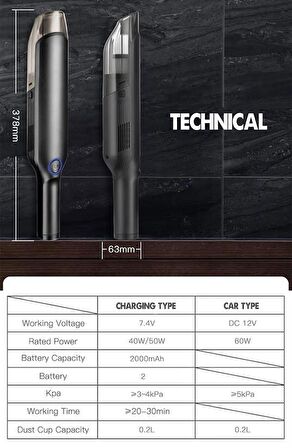 60W-80W Şarjlı Güçlü Portatif Araç ve Ev Süpürgesi