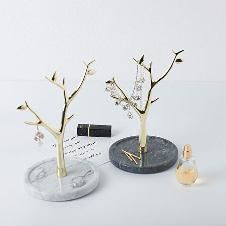 Gerçek Mermer Tabanlı Ağaç Motifinde Dekoratif Takı, Küpe, Kolye, Bilezik Askılığı