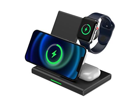 3 in 1 Wireless / Kablosuz Şarj Destekli 15W Hızlı Şarj Özellikli Apple Watch, Airpods, ve Telefon Şarjı