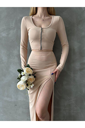 Örme Crep Midi Etek-Bluz Takım