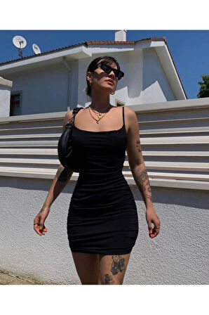 Degaje Yaka Askılı Sırt Dekolteli Elbise