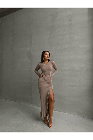 Midi Boy Fırfır Yırtmaçlı Uzun Kol Elbise