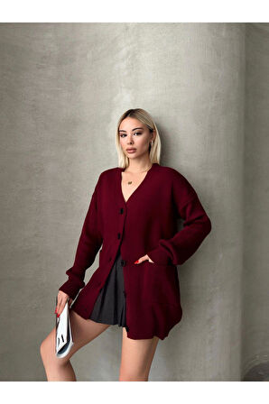 Kadın Bordo Oversize Triko Hırka