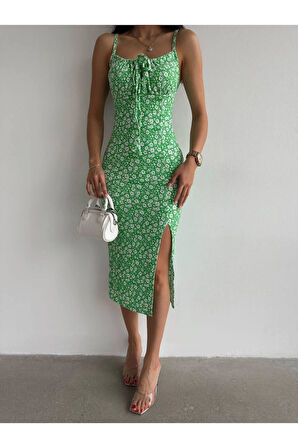 Çiçek Desenli Askılı Yırtmaçlı Midi Elbise