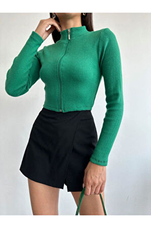 Fermuarlı Kaşkorse Uzun Kollu Şardonlu Bluz