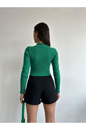 Fermuarlı Kaşkorse Uzun Kollu Şardonlu Bluz