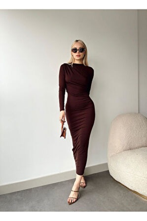 Midi Boy Drapeli Uzun Kol Elbise