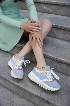 Kadın Gri Hakiki Deri Sneaker Spor Ayakkabı