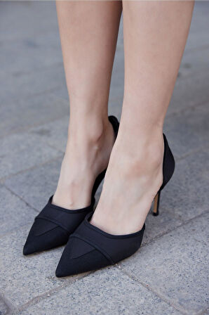 Kadın Siyah Saten Hakiki Deri Topuklu Ayakkabı