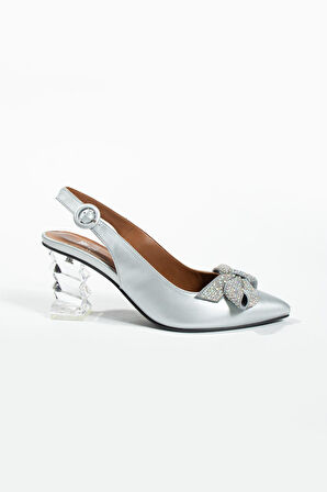 Kadın Siyah Hakiki Deri Aksesuar Ve Topuk Detaylı Ayakkabı Gümüş