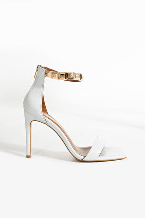 Kadın Siyah Hakiki Deri Bilek Detaylı Topuklu Ayakkabı Beyaz