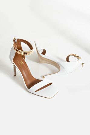 Kadın Siyah Hakiki Deri Bilek Detaylı Topuklu Ayakkabı Beyaz