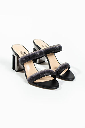 Kadın Hakiki Deri Taş Ve Topuk Detaylı Terlik Siyah