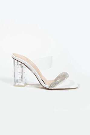 Kadın Beyaz Hakiki Deri Taşlı Terlik