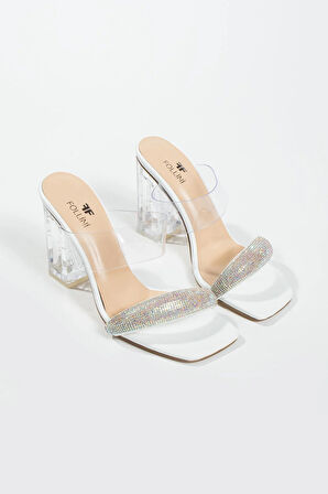 Kadın Beyaz Hakiki Deri Taşlı Terlik