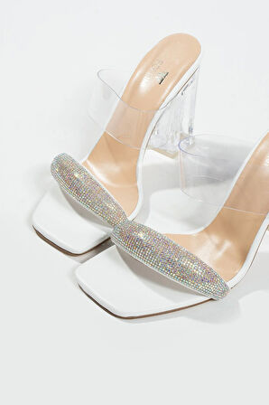 Kadın Beyaz Hakiki Deri Taşlı Terlik