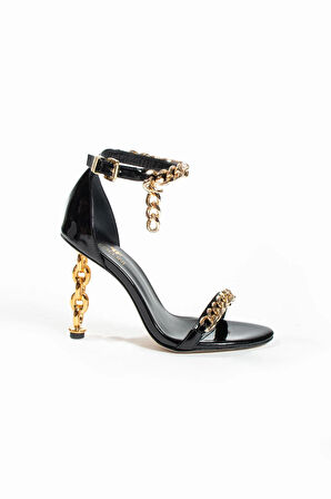 Kadın Hakiki Deri Topuk Ve Aksesuar Detaylı Topuklu Ayakkabı Siyah Rugan