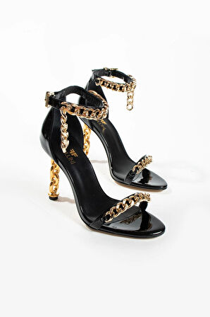 Kadın Hakiki Deri Topuk Ve Aksesuar Detaylı Topuklu Ayakkabı Siyah Rugan