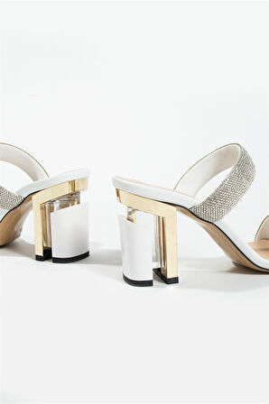 Kadın Hakiki Deri Taş Ve Topuk Detaylı Terlik Beyaz