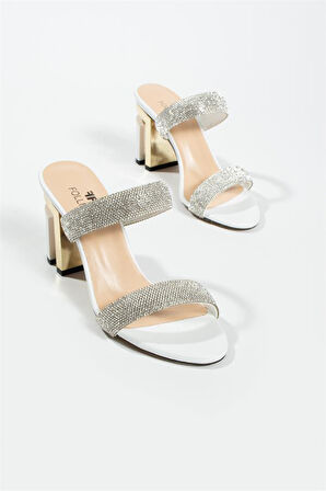 Kadın Hakiki Deri Taş Ve Topuk Detaylı Terlik Beyaz