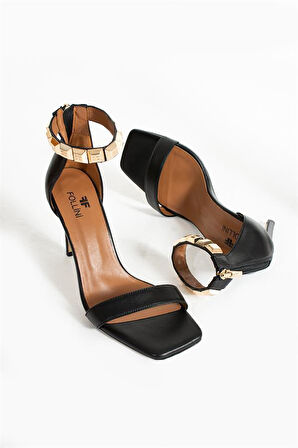 Kadın Siyah Hakiki Deri Bilek Detaylı Topuklu Ayakkabı Siyah