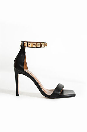 Kadın Siyah Hakiki Deri Bilek Detaylı Topuklu Ayakkabı Siyah