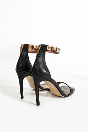 Kadın Siyah Hakiki Deri Bilek Detaylı Topuklu Ayakkabı Siyah