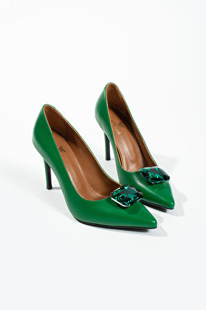Kadın Hakiki Deri Aksesuar Detaylı Siletto Yeşil